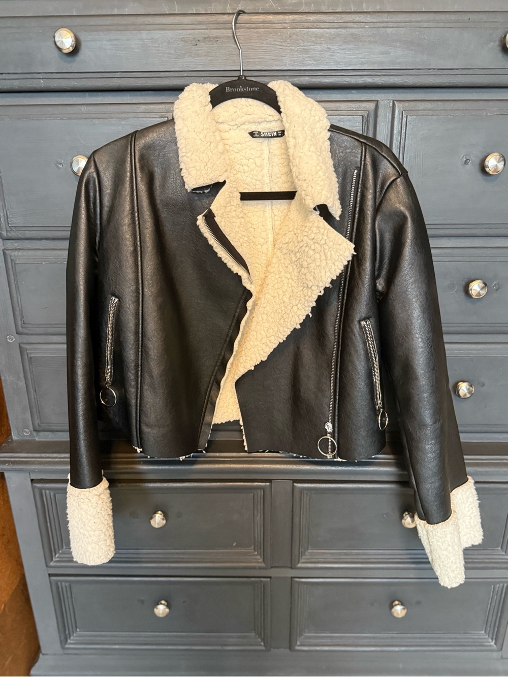 Shearling-Lined Black Moto Jacket with Cream Trim